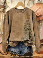 Vintage Christmas Tree Print Round Neck Long Sleeve Loose Casual Sweatshirt