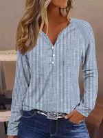 Stylish Stripe Print Button V-neck Long Sleeve Daily Casual T-shirt