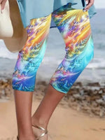Vibrant Abstract Rainbow Print Casual Capri Leggings