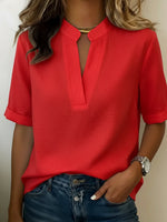 Half Sleeve Stand Collar Cotton And Linen Shirt