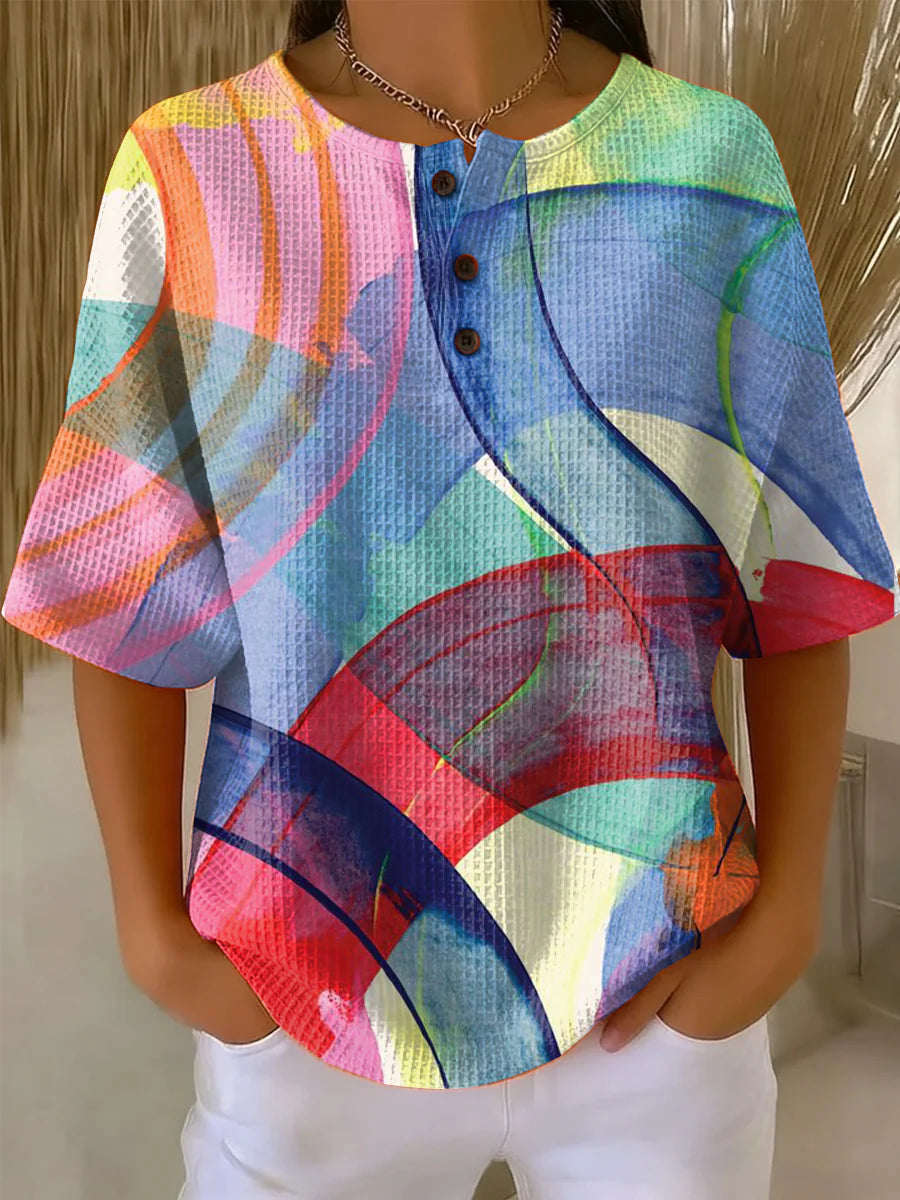 Women's Colorful Short Sleeve Stripes pattern Print Casual Cotton Shirt