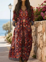 Women'sFloral Pattern Long Sleeve SidePocket Cotton Dress