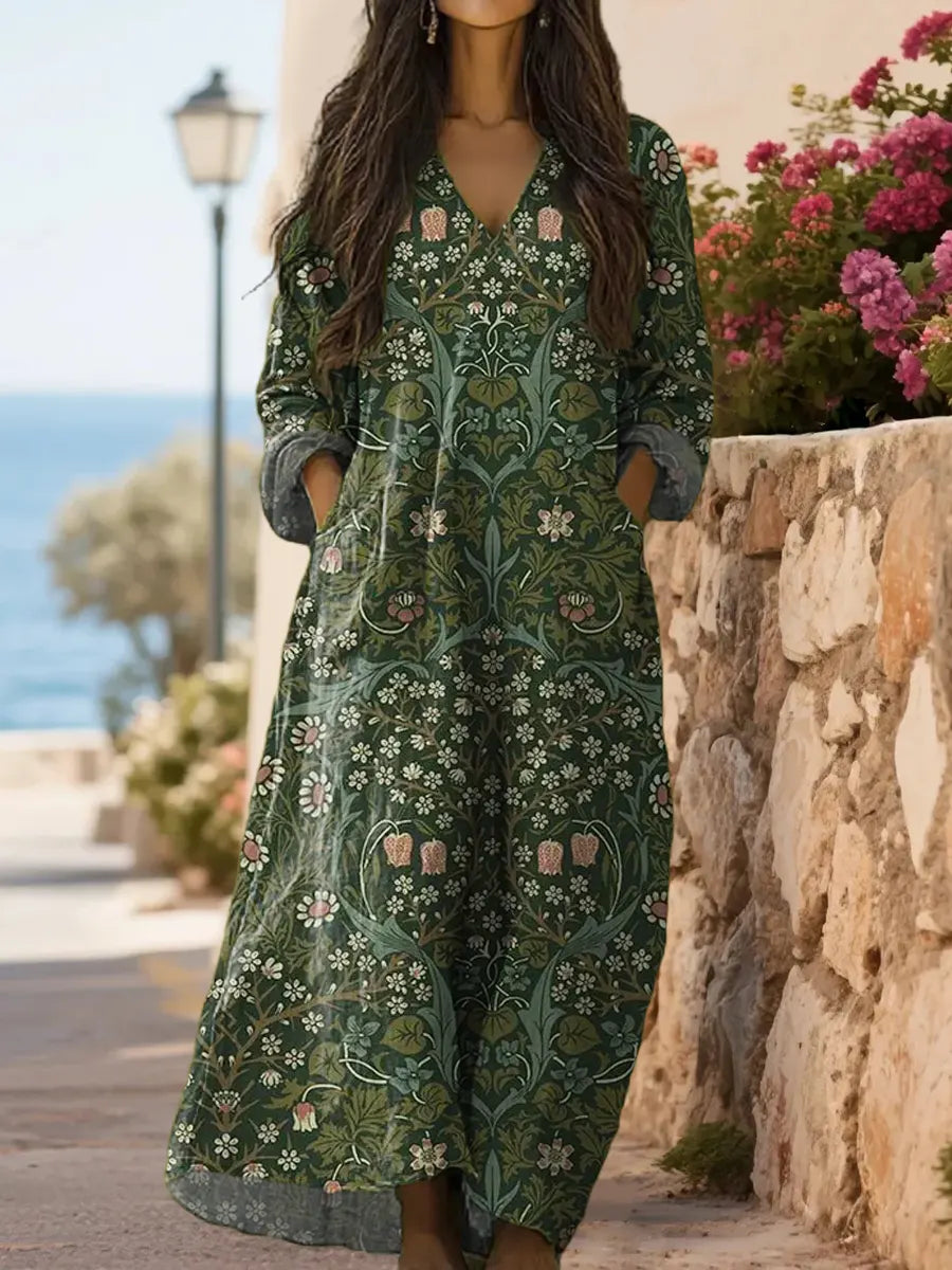 Art Print Long Sleeve Casual Cotton Maxi Dress