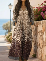 Leopard Pattern Long Sleeve Casual Cotton Maxi Dress