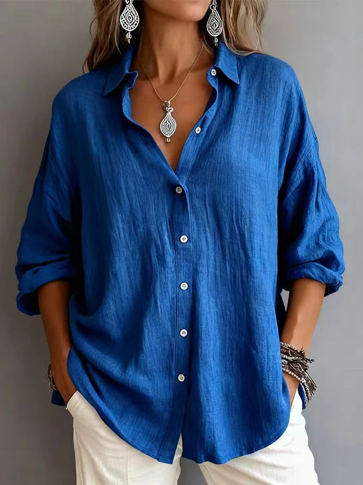 Plain Pattern Long Sleeve Cotton And Linen Polo Shirt