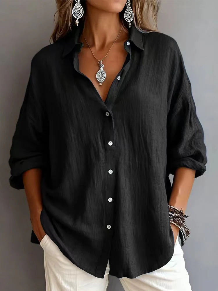 Plain Pattern Long Sleeve Cotton And Linen Polo Shirt