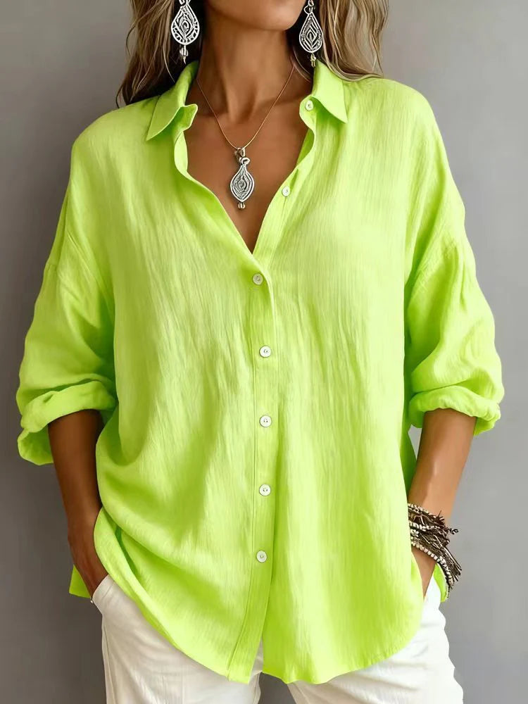 Plain Pattern Long Sleeve Cotton And Linen Polo Shirt