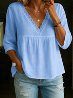 3/4 Sleeve Cotton And Linen V-Neck Lace Blouse