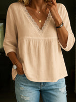 3/4 Sleeve Cotton And Linen V-Neck Lace Blouse