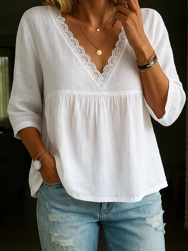 3/4 Sleeve Cotton And Linen V-Neck Lace Blouse