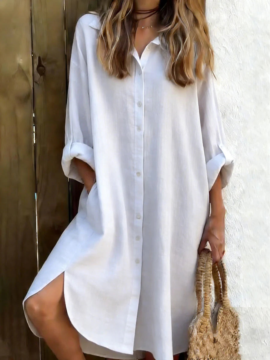 Solid Color Shirt Collar Long Sleeve Casual Mini Shirt Dress