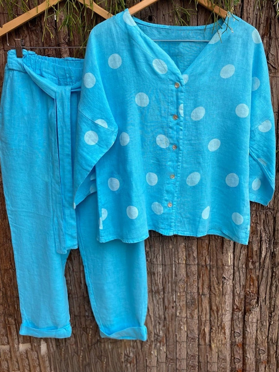 V Neck Polka Dot Print Buttons Top And Plain Pants Two Piece Sets