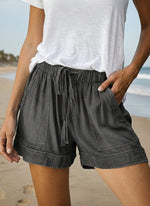 Solid Color Elastic Waist Pockets Denim Shorts