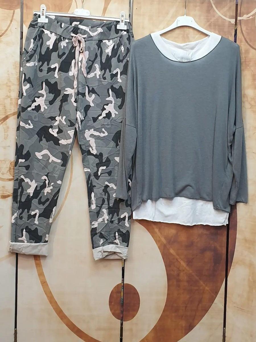 Solid Crew Neck Long Sleeve Top And Camouflage Pants Casual Two Piece Sets