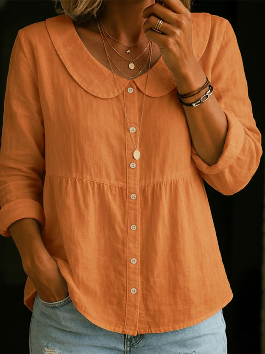 Solid Color Peter Pan Collar Long Sleeve Casual Shirt
