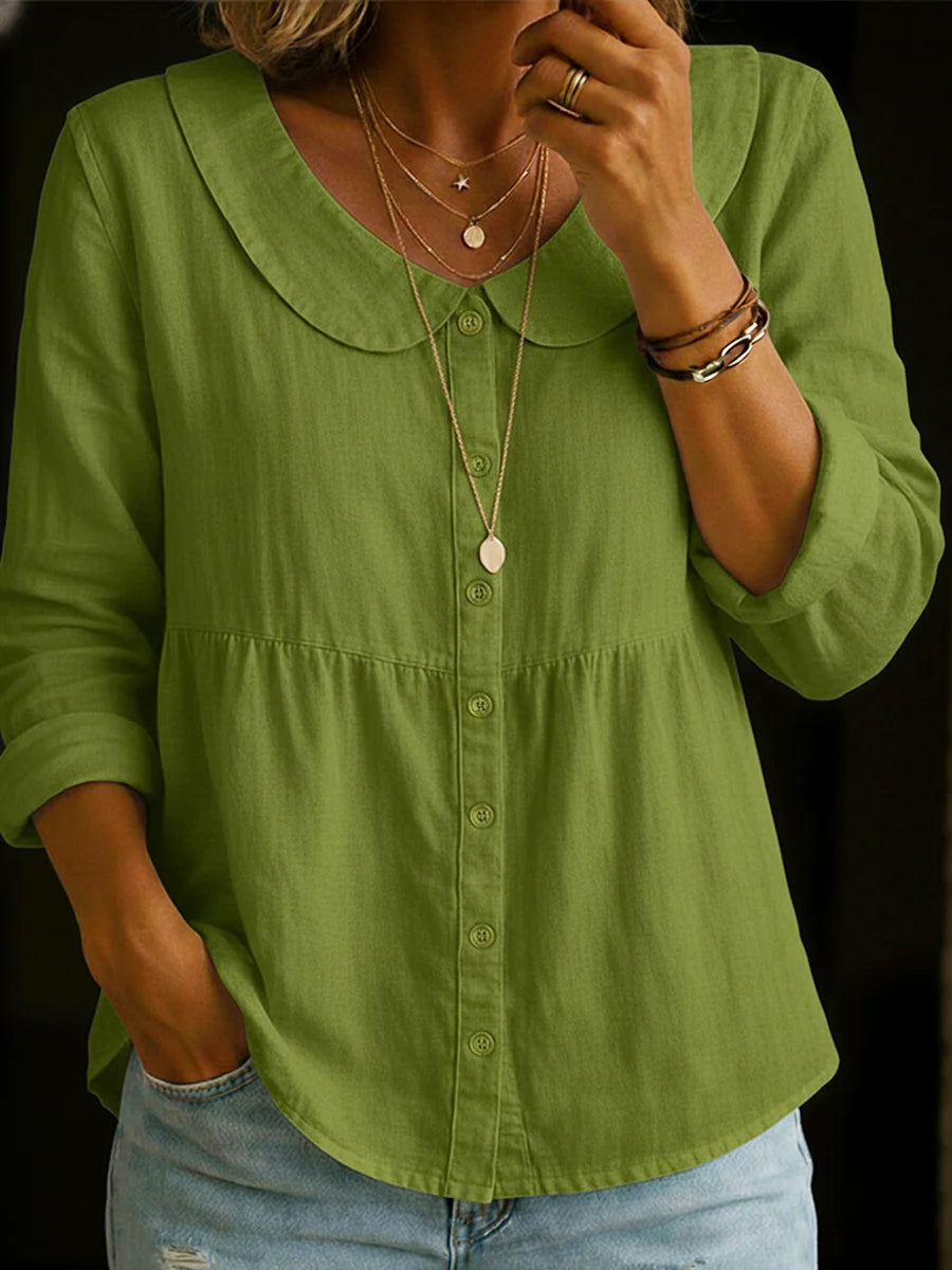 Solid Color Peter Pan Collar Long Sleeve Casual Shirt