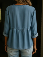 Plain V-neck Long Sleeve Buttons Denim Shirt