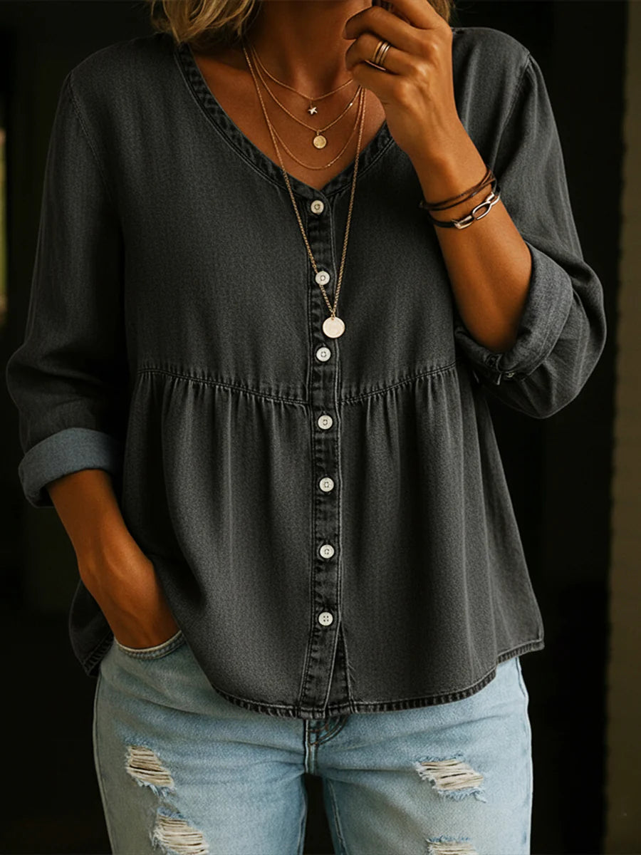 Plain V-neck Long Sleeve Buttons Denim Shirt
