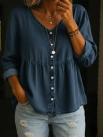 Plain V-neck Long Sleeve Buttons Denim Shirt
