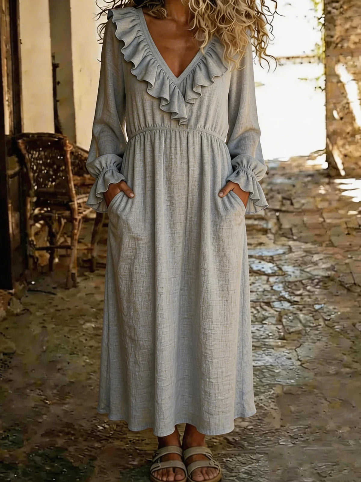 Solid Color V-neck Ruffled Long Sleeve Casual Loose Maxi Dress