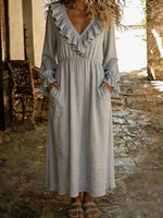 Solid Color V-neck Ruffled Long Sleeve Casual Loose Maxi Dress