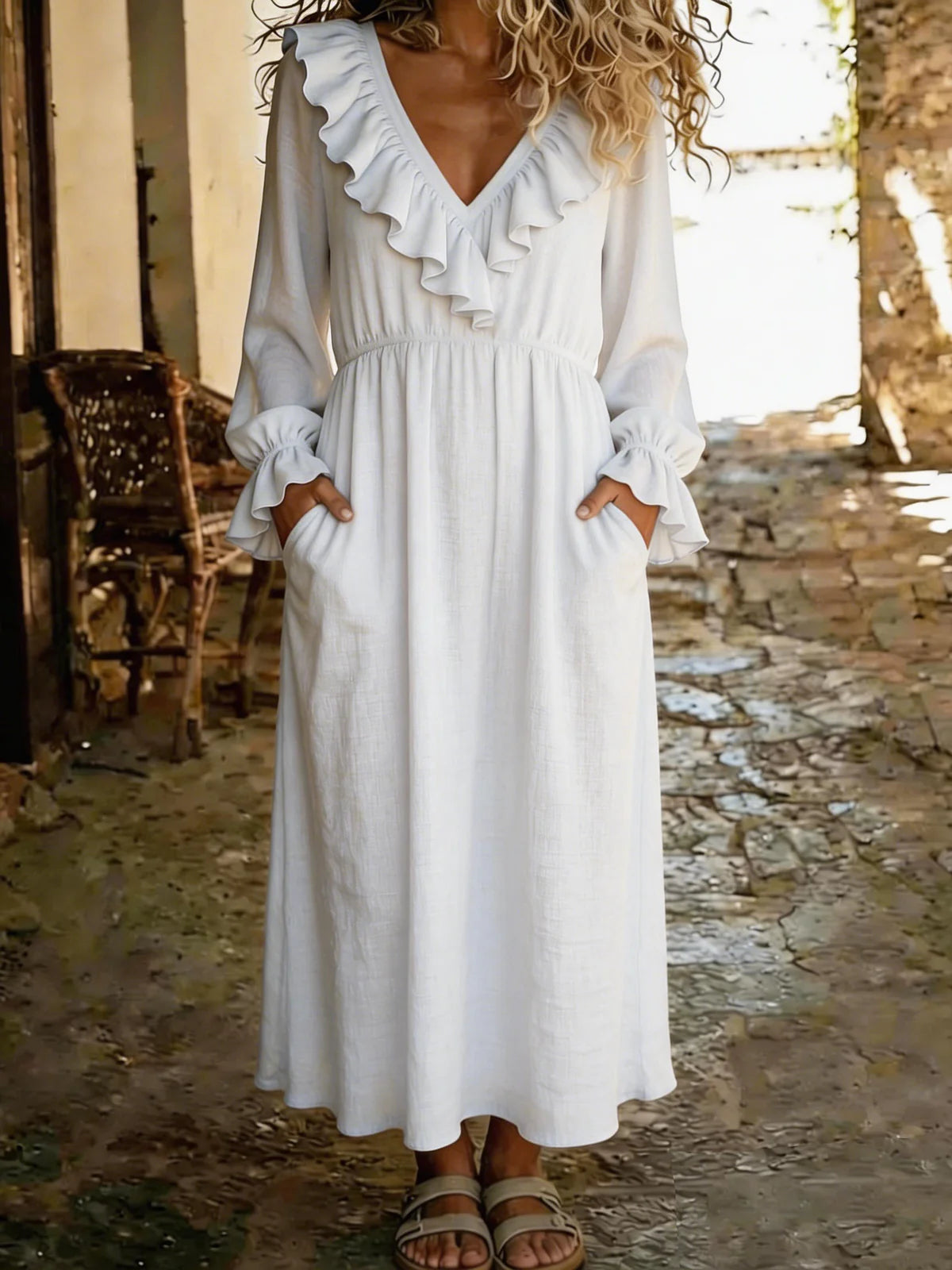 Solid Color V-neck Ruffled Long Sleeve Casual Loose Maxi Dress