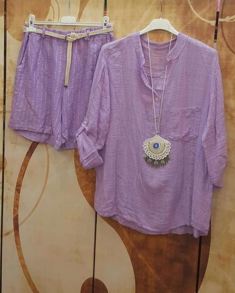 Pure Color V Neck Long Sleeve Casual Two Piece Sets