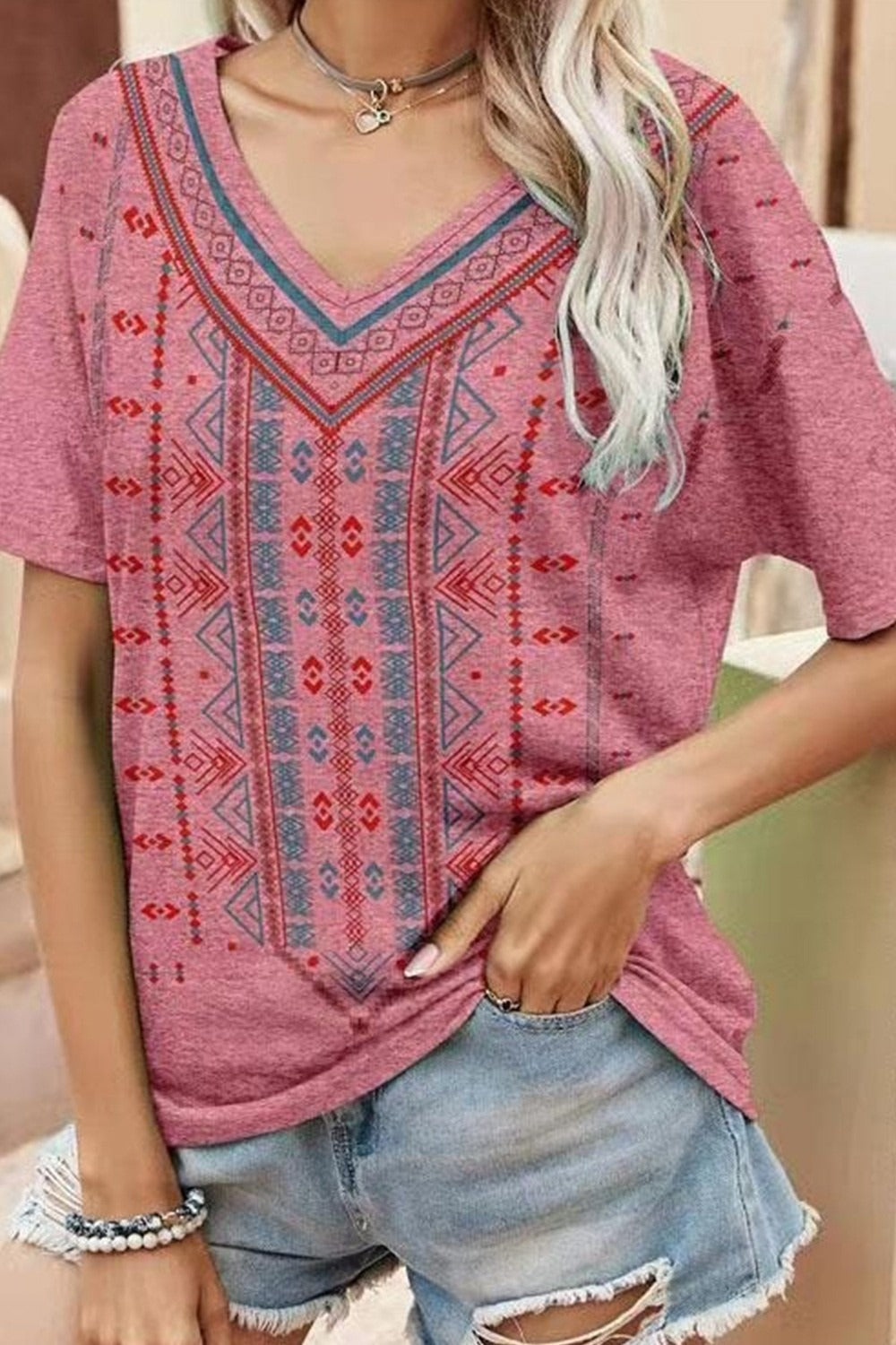 Boho V Neck Style Printed Short Sleeve T-shirt