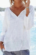 Tie V Neck Solid Long Sleeve Casual Shirt