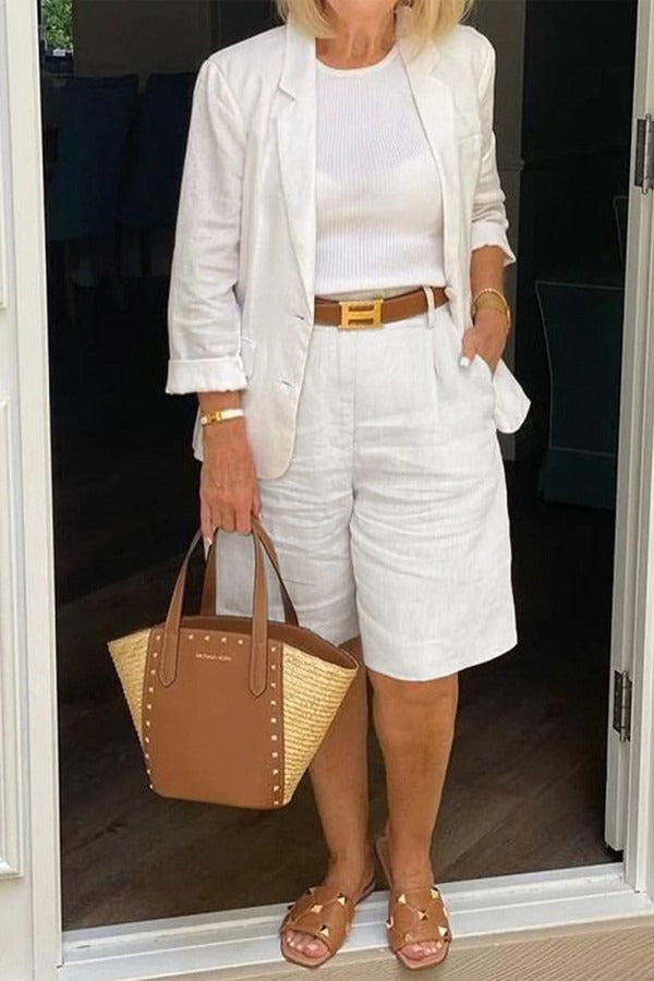 Solid Color Lapel Casual Long Sleeves Blazer & Shorts Set
