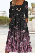 Round Neck Floral Print Half Sleeve Casual Midi Dress