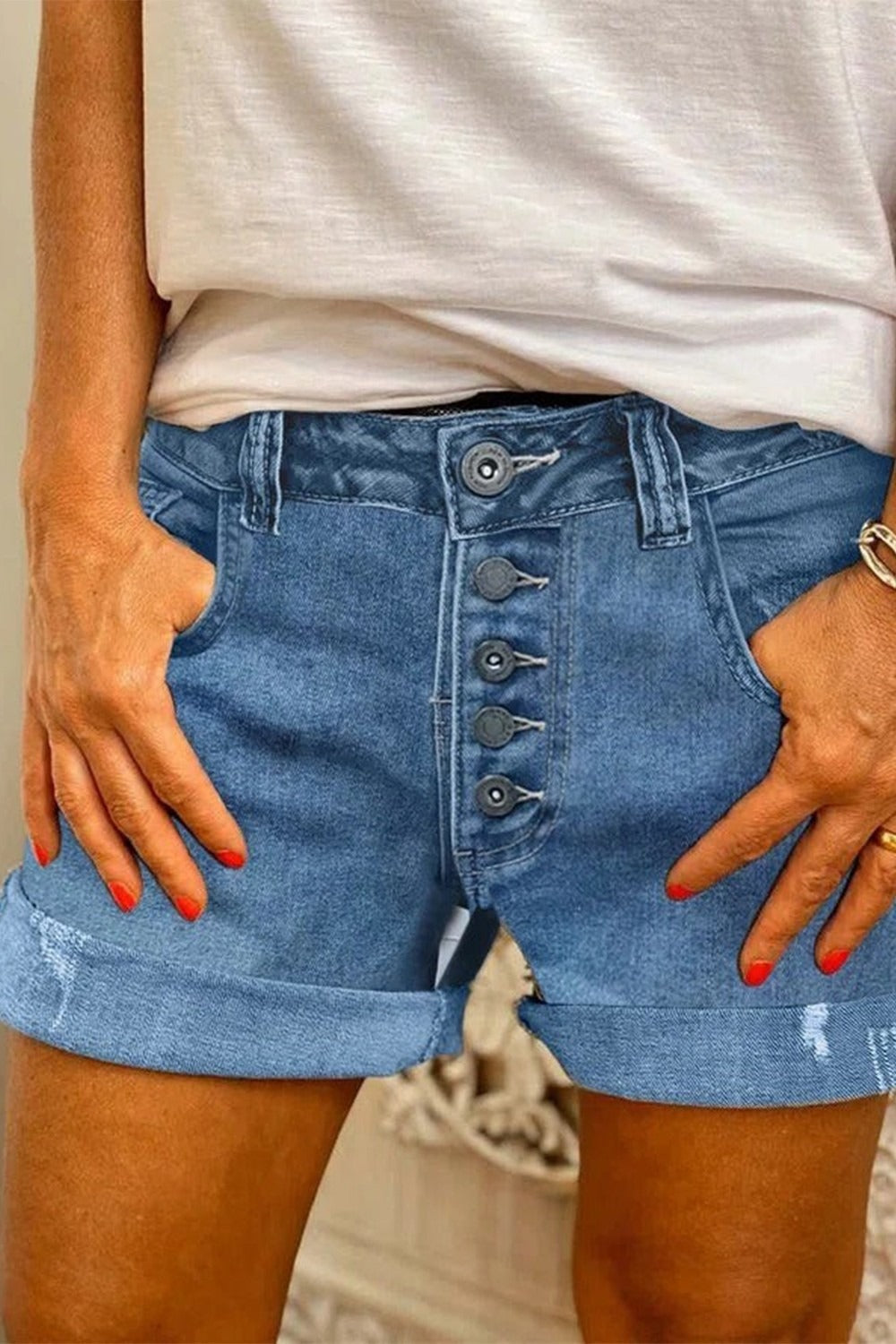 Solid Color Summer Button Casual Denim Shorts