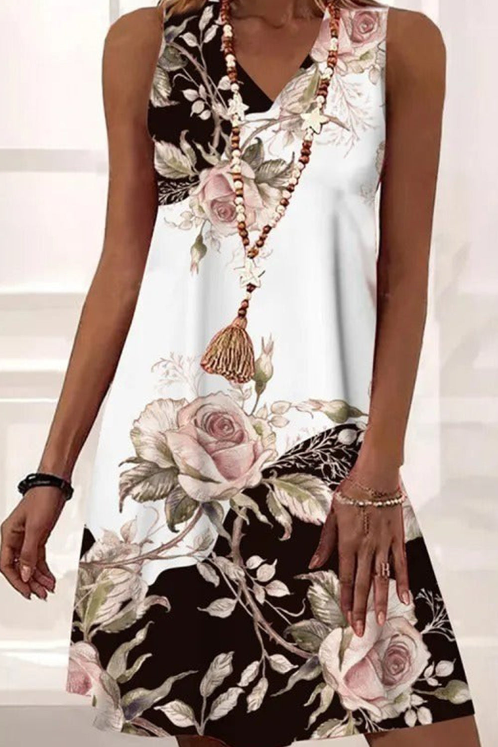 V Neck Floral Print Sleeveless Short Dresses