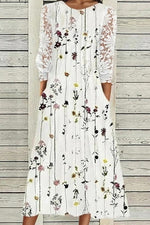 White Round Neck Floral Print Side Pocket 3/4 Sleeves Midi Dresses