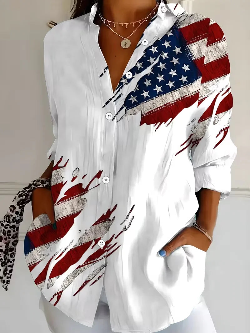 Women's America Flag Long Sleeve Collared Shirt, Casual Daily Top for Spring/Fall