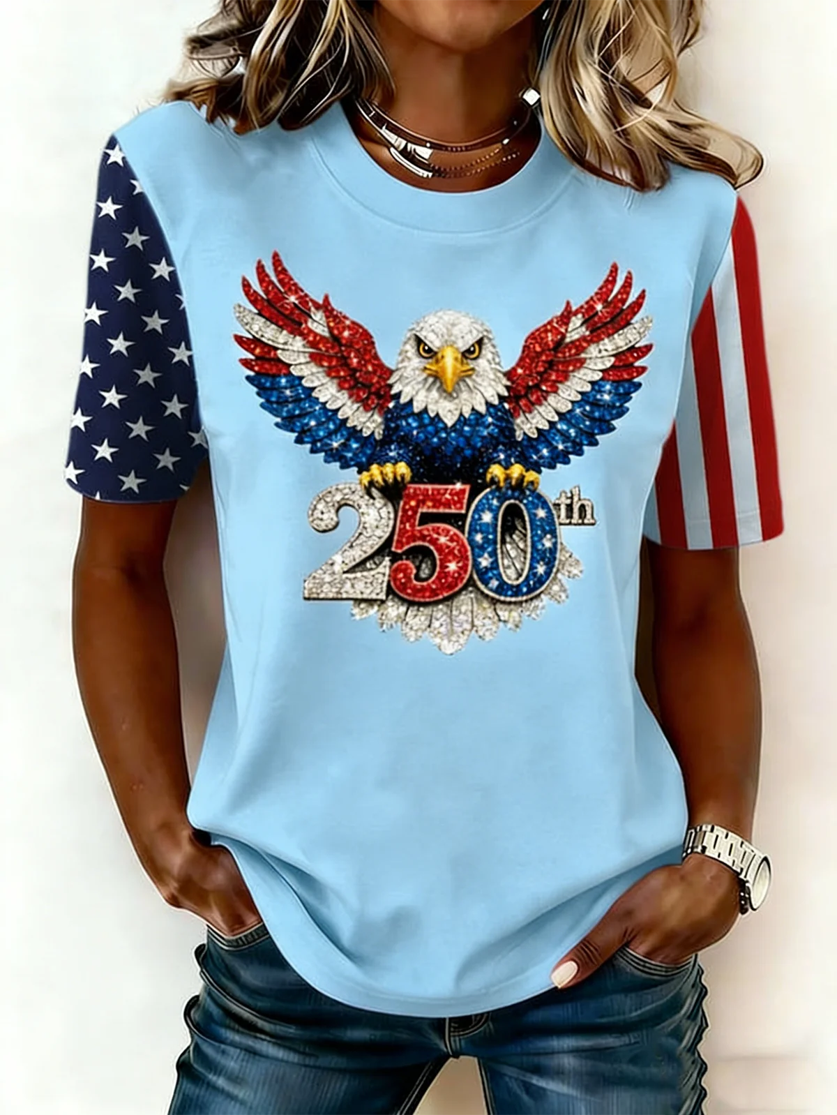 Women's Independence Day America 250th Anniversary Eagle Graphic Crew Neck T-Shirt