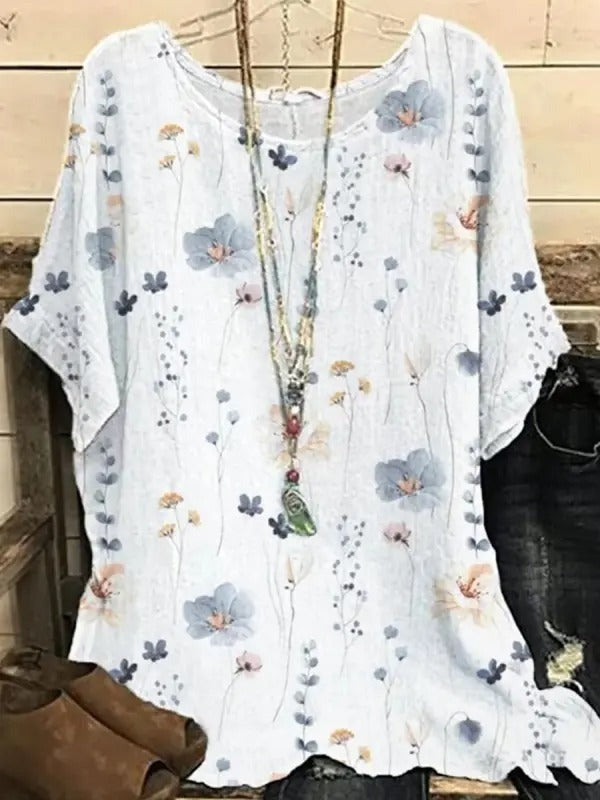Casual Round Neck Floral Print Short Sleeves Blouses