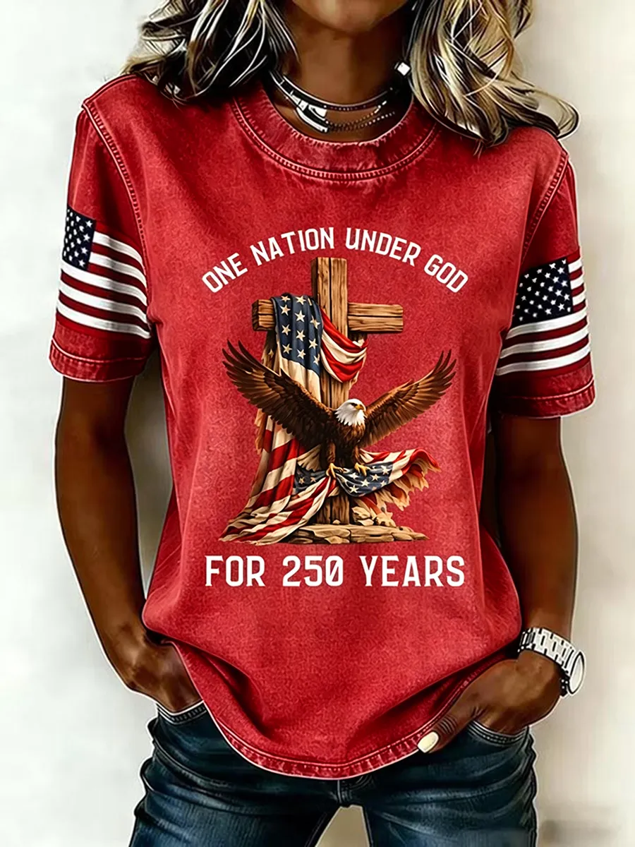 Women's Patriotic Eagle Cross Graphic Crew Neck T-Shirt
