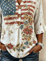 Vintage American Flag & Floral Print V-Neck Half Sleeve Blouse