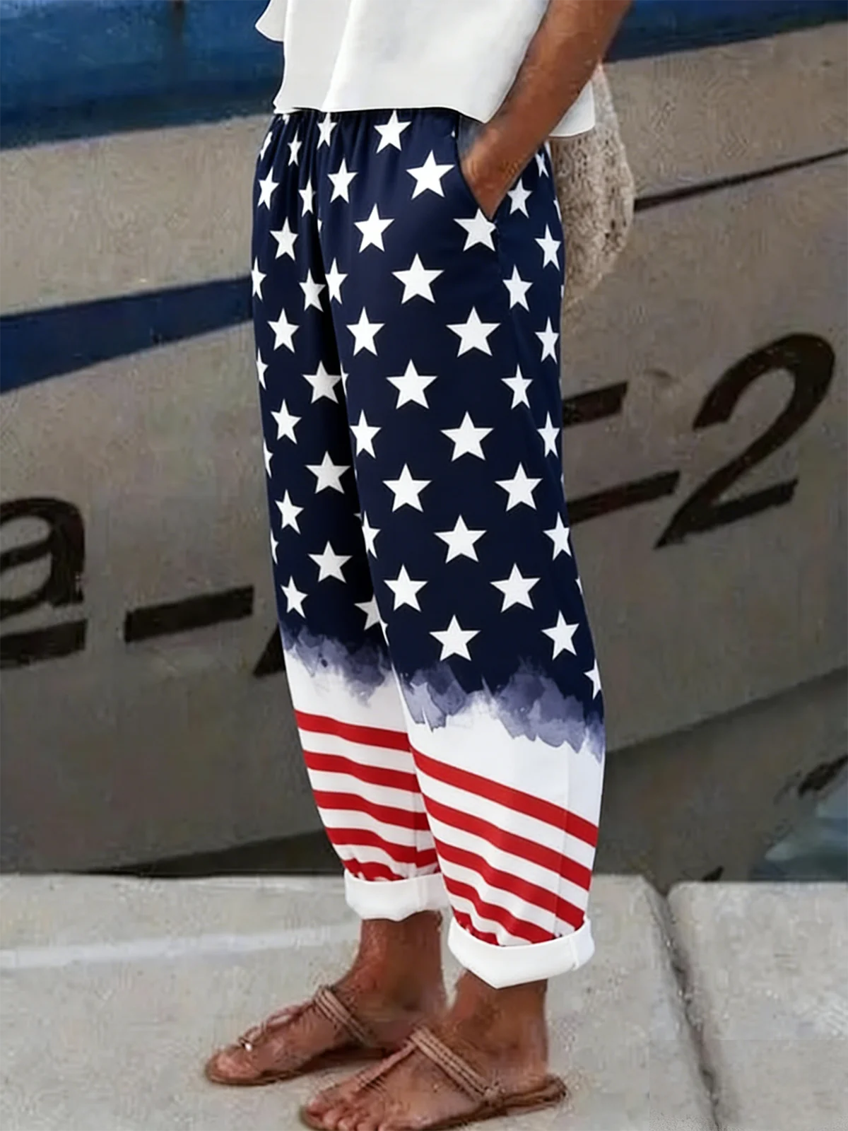 American Flag Print Linen Blend Loose Straight Pants