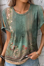 Crew Neck Floral rint Casual Short Sleeves Blouses