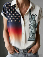 Vintage American Flag & Patriotic Print Sleeveless Button-Up Shirt