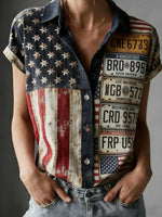 Vintage American Flag & Patriotic Print Sleeveless Button-Up Shirt