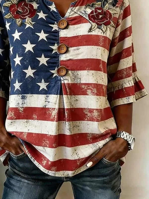 Women V Neck Half Sleeve American Flag Floral Embroidery Casual Blouse
