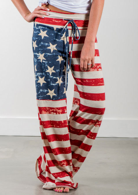 Women Vintage American Flag Print Loose Straight Long Pants