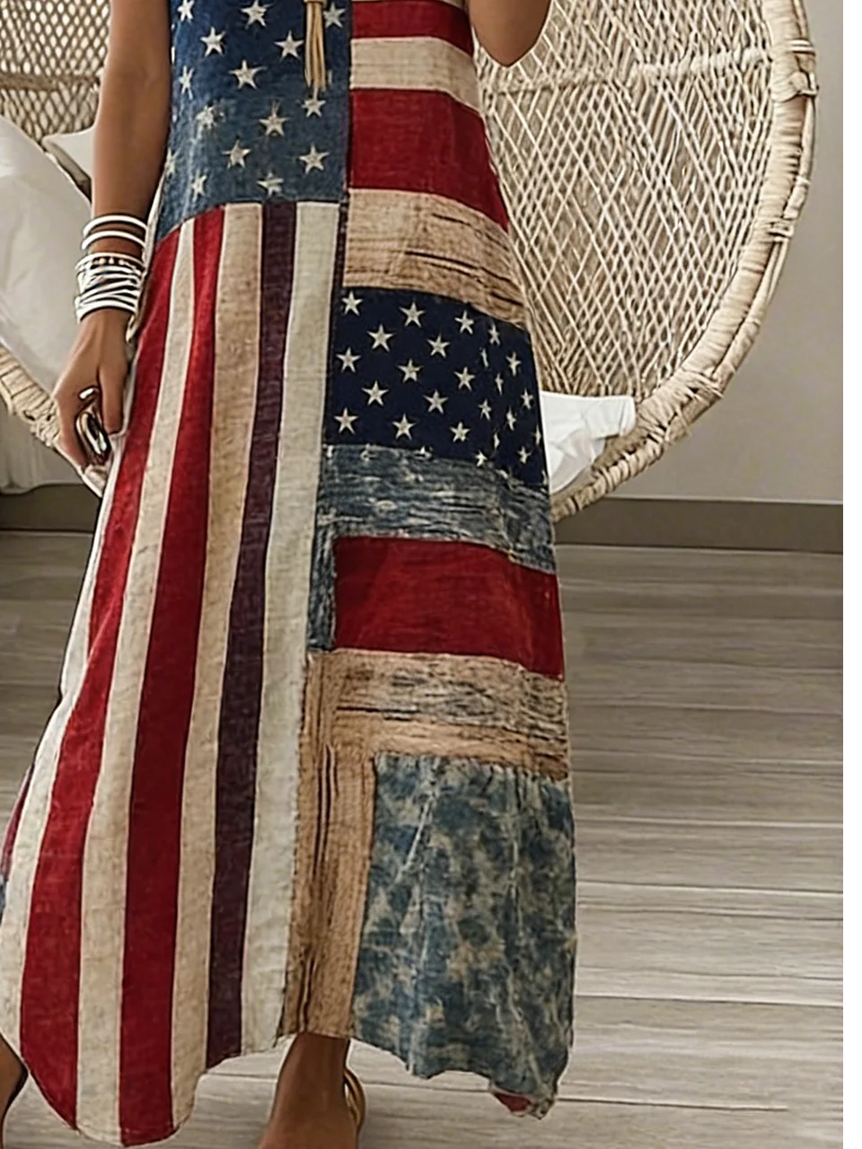 Women American Flag Patchwork Sleeveless V Neck A-Line Maxi Dress