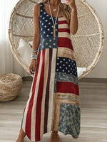 Women American Flag Patchwork Sleeveless V Neck A-Line Maxi Dress