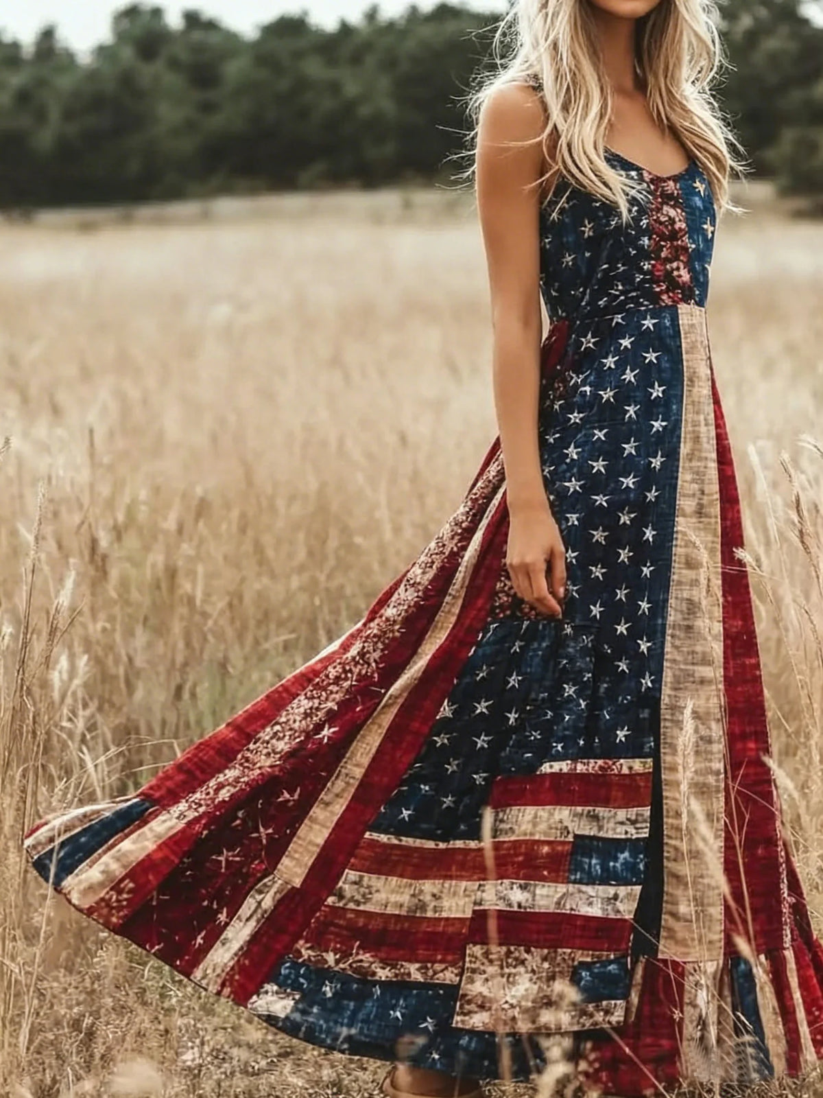 Women Vintage American Flag Print Sleeveless V Neck Fit & Flare Maxi Dress
