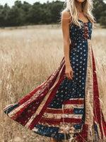 Women Vintage American Flag Print Sleeveless V Neck Fit & Flare Maxi Dress