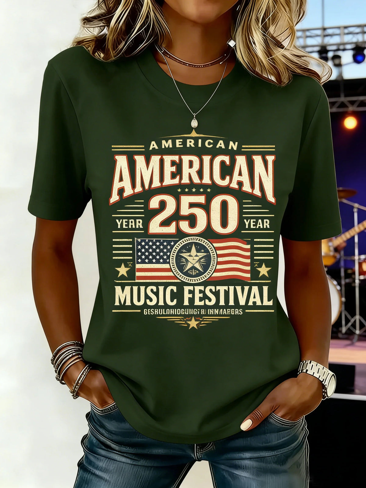 Women American 250 Music Festival 3D Print Crew Neck T-shirt
